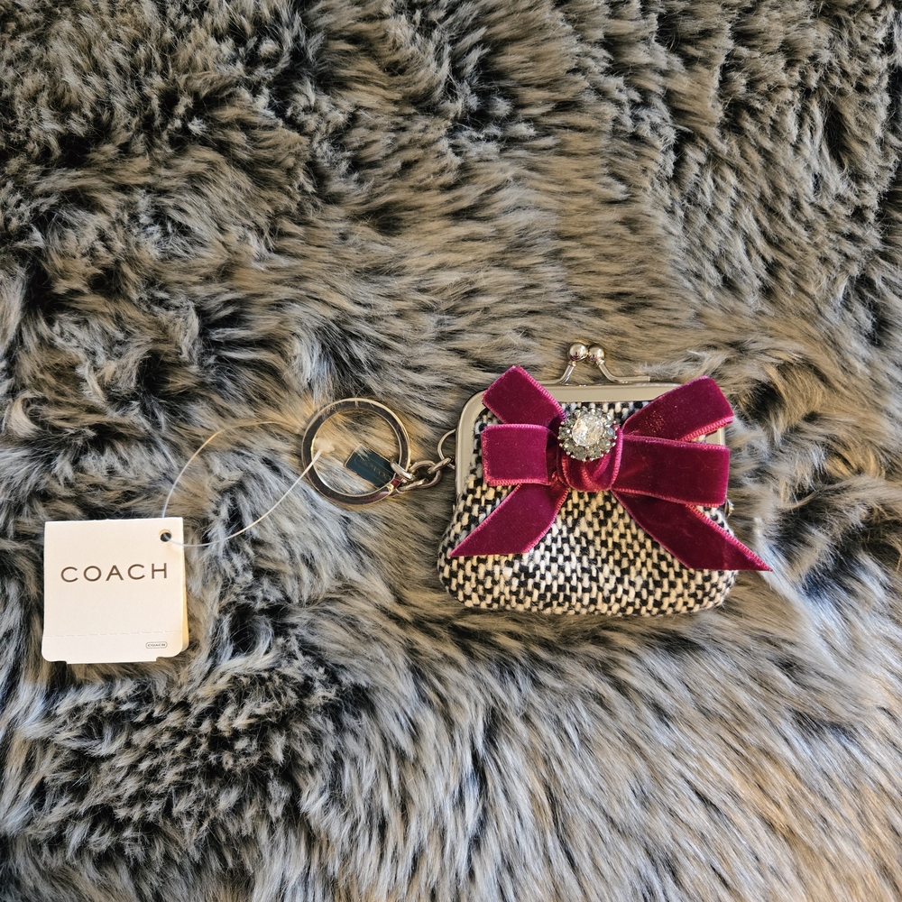 reserved Coach Houndstooth Coin Purse Swarovski Gem Charm & Pink Velvet Bow - Picture 2 of 8